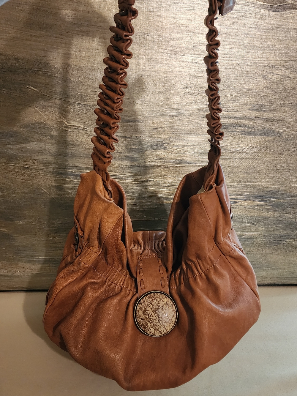 Donald Pliner Brown Ruched Leather Shoulder Bag with Decorative Medallion